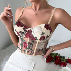 Floral Embroidered Cropped Corset Top - Apricot