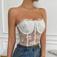 Embroidered Sheer Tulle Crop Corset Tube Top - White