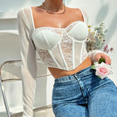 Long Sleeve Floral Lace Corset - White