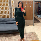 Long Sleeve Open Back Cocktail Midi Dress - Emerald Green