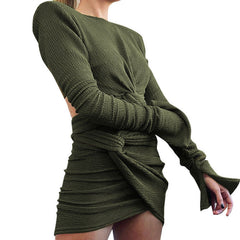 Long Sleeve Twist Cutout Skirt Matching Set - Green