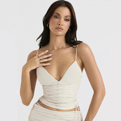 Lace Up Vegan Leather Deep V Tank Crop Top - Ivory
