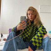 Vintage Long Sleeve Knitted Crop Sweater - Green