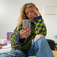 Vintage Long Sleeve Knitted Crop Sweater - Green