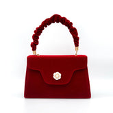 Vintage Suede Foldover Flower Trim Ruched Handle Clutch Bag - Red