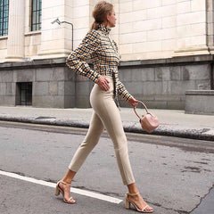 Vintage High Neck Bishop Sleeve Crop Plaid Blouse - Yellow