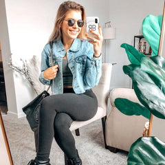 Vintage Long Sleeve Frayed Crop Denim Jacket - Blue