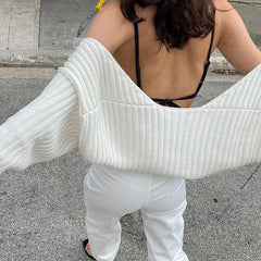 Vintage Long Sleeve Rib Knit Shrug Cardigan - White