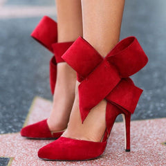 Vintage Pointed Toe Ankle Strap Suede Stiletto Butterfly Heels - Red