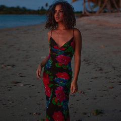 Vintage Style Floral Printed Cowl Neck Slip Maxi Dress - Black