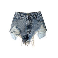 Vintage Style High Waist Bleach Distressed Denim Shorts - Blue