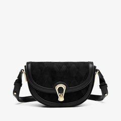 Vintage Suede Argyle Pattern Crossbody Saddle Bag - Black