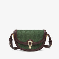 Vintage Suede Argyle Pattern Crossbody Saddle Bag - Green