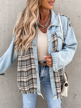 Women's Coats Denim Stitching Plaid Pocket Button Coat