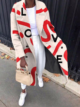 Women's Coats Fun Letter Print Lapel Button Long Woolen Coat