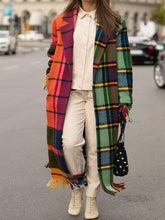 Women's Coats Lapel Plaid Print Fringed Woolen Coat
