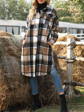 Women's Coats Long Sleeve Side Slit Lapel Woolen Plaid Shirt Long Coat