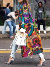 Women's Coats Loose Floral Pattern Printed Woolen Long Coat