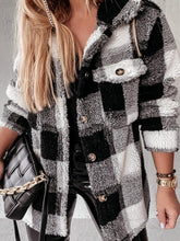 Women's Coats Plaid Button Pocket Long Sleeve Fur Coat