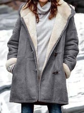 Women's Coats Plush Horn Button Pocket Hooded Long Sleeve Coat