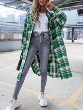 Women's Coats Pocket Button Plaid Shirt Long Coat