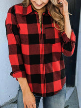 Women's Coats Red Plaid Long Sleeve Zipper Coat