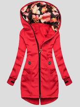 Women's Coats Zip Colorblock Printed Hooded Long Sleeve Coat