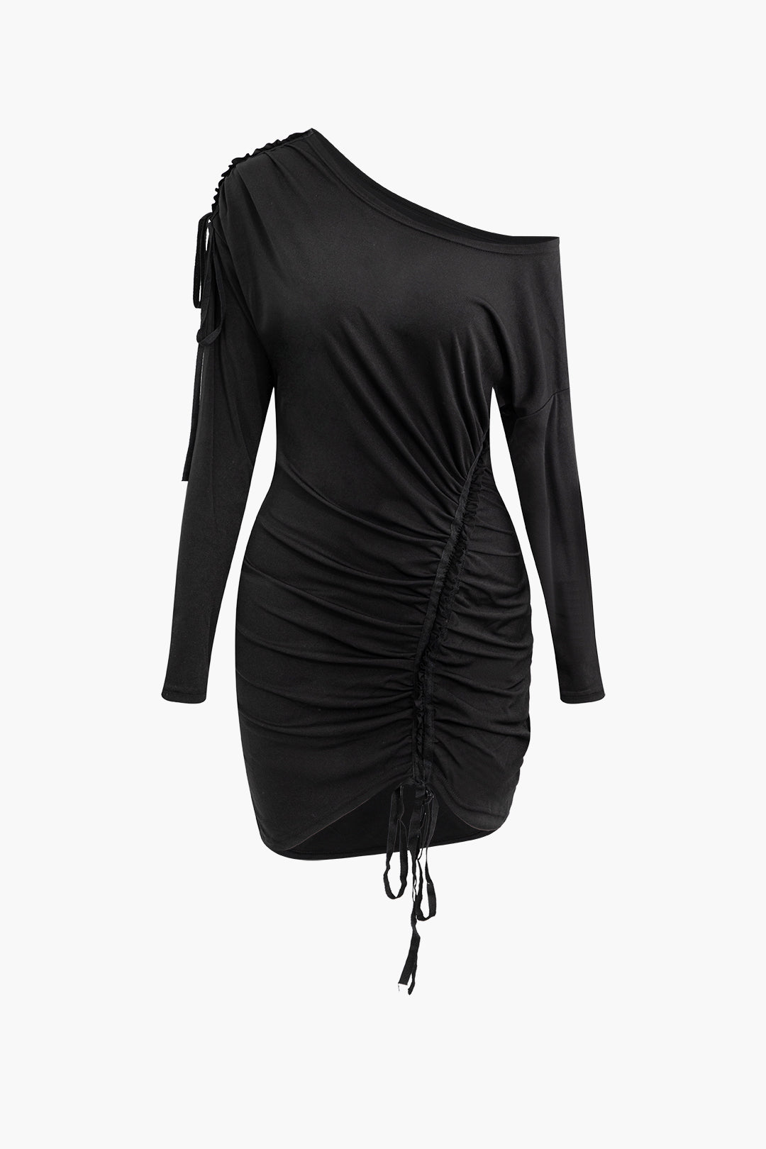 Asymmetrical Long Sleeve Ruched Tie Mini Dress