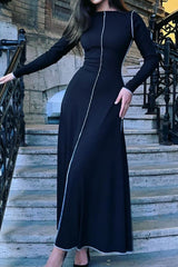 Contrast Line Pleated Long Sleeve Maxi Dress