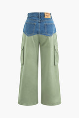 High Waist Patchwork Flap Pocket Wide Leg Cargo Pants