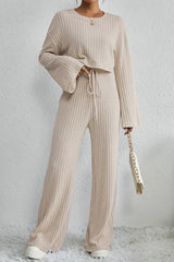 Texture Round Neck Long Sleeve Top And Drawstring Pants Set