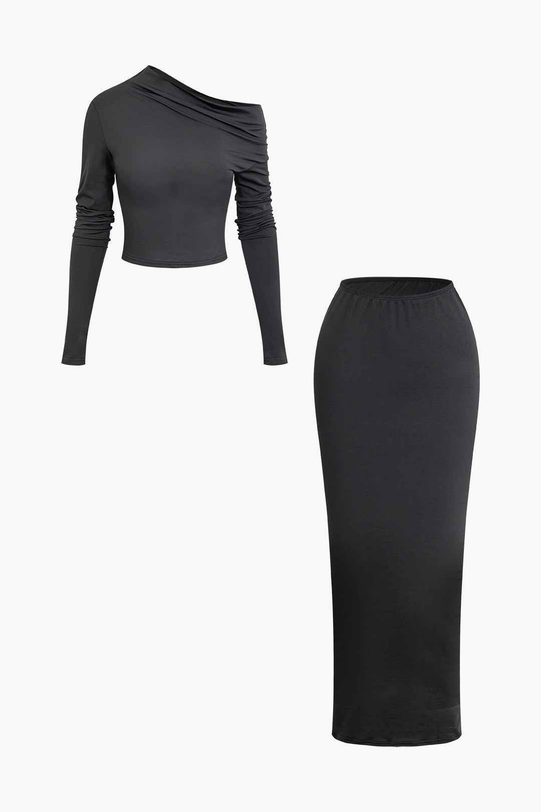 Asymmetric Long Sleeve Top And Pleated Maxi Skirt Set