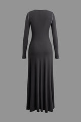 Contrast Line Pleated Long Sleeve Maxi Dress