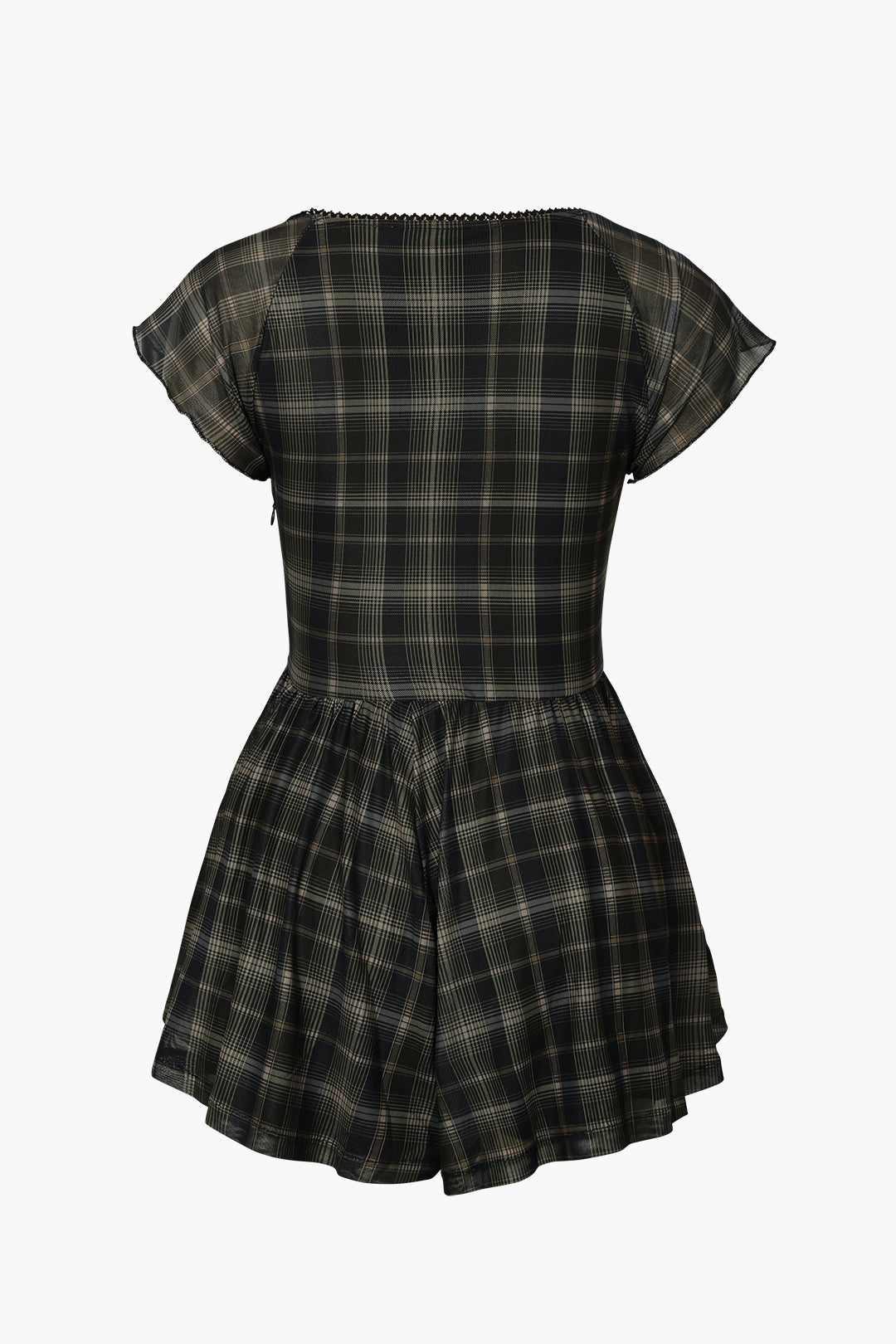 Square Neck Short Flutter Sleeve Checkered Vintage Playsuit