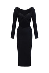 Solid V-neck Knit Twist Cut Out Long Sleeve Dress