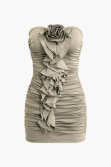 3D Flower Ruffle Ruched Bodycon Strapless Mini Dress