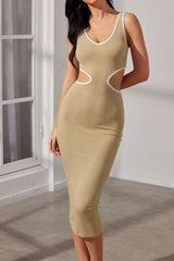 Contrast Binding V-neck Cut Out Sleeveless Knit Midi Dress