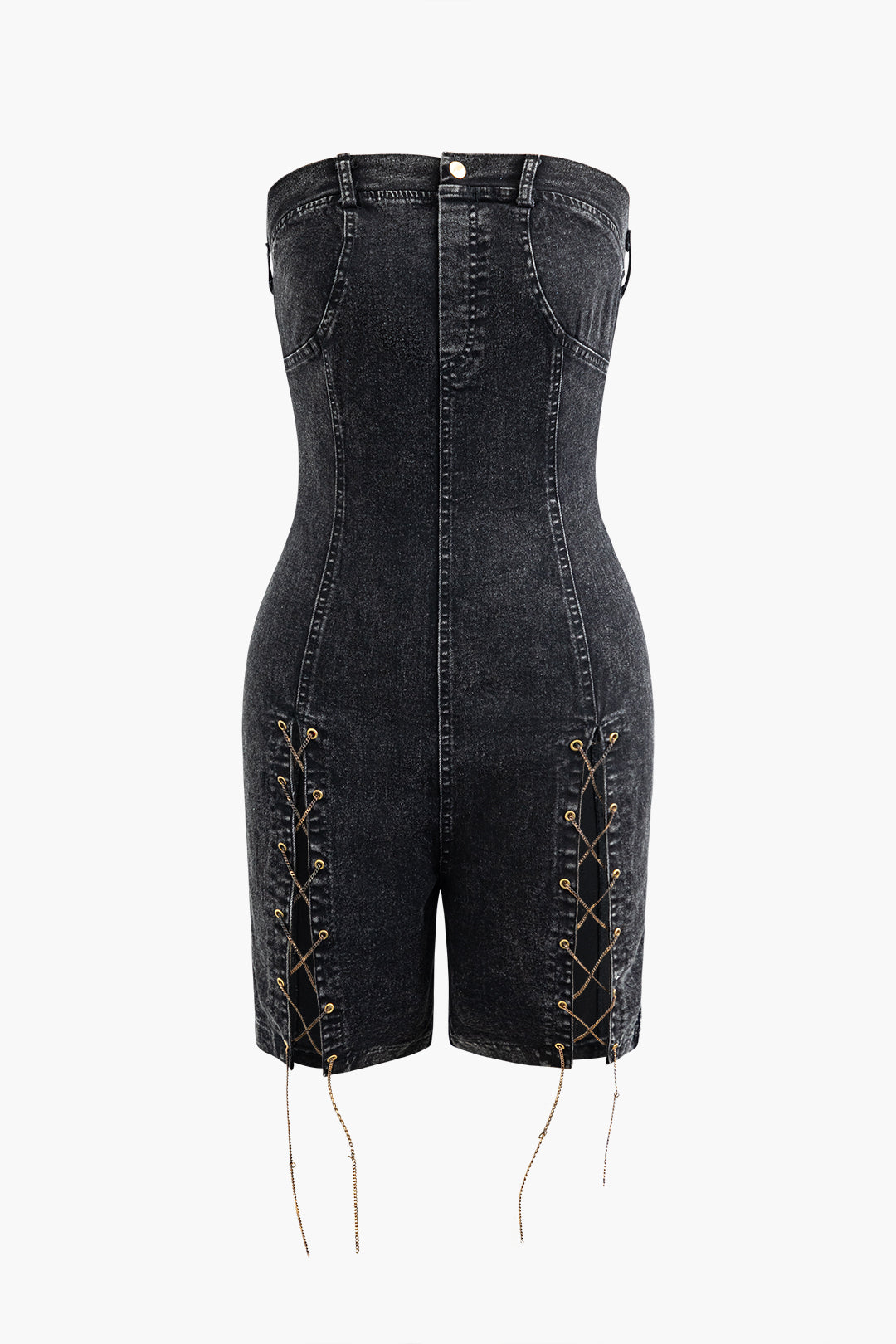 Chain Lace-up Denim Strapless Romper