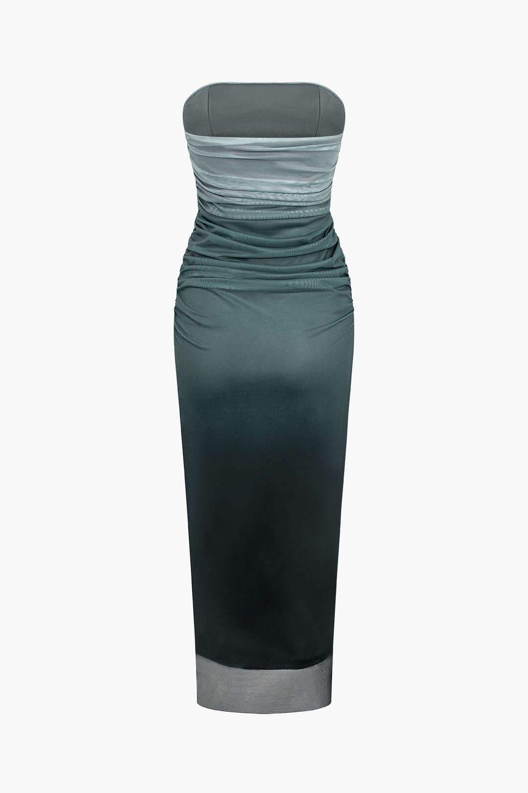 Ombre Mesh Ruched Strapless Midi Dress