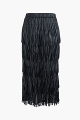 Tiered Fringe Elastic Waist Midi Skirt