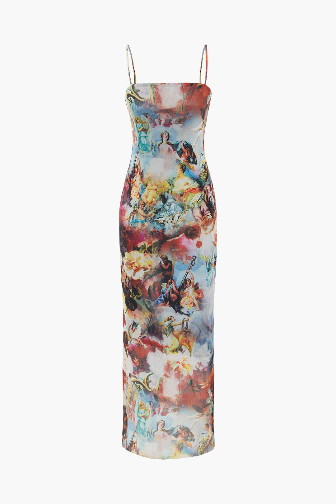 Renaissance Print Mesh Midi Dress
