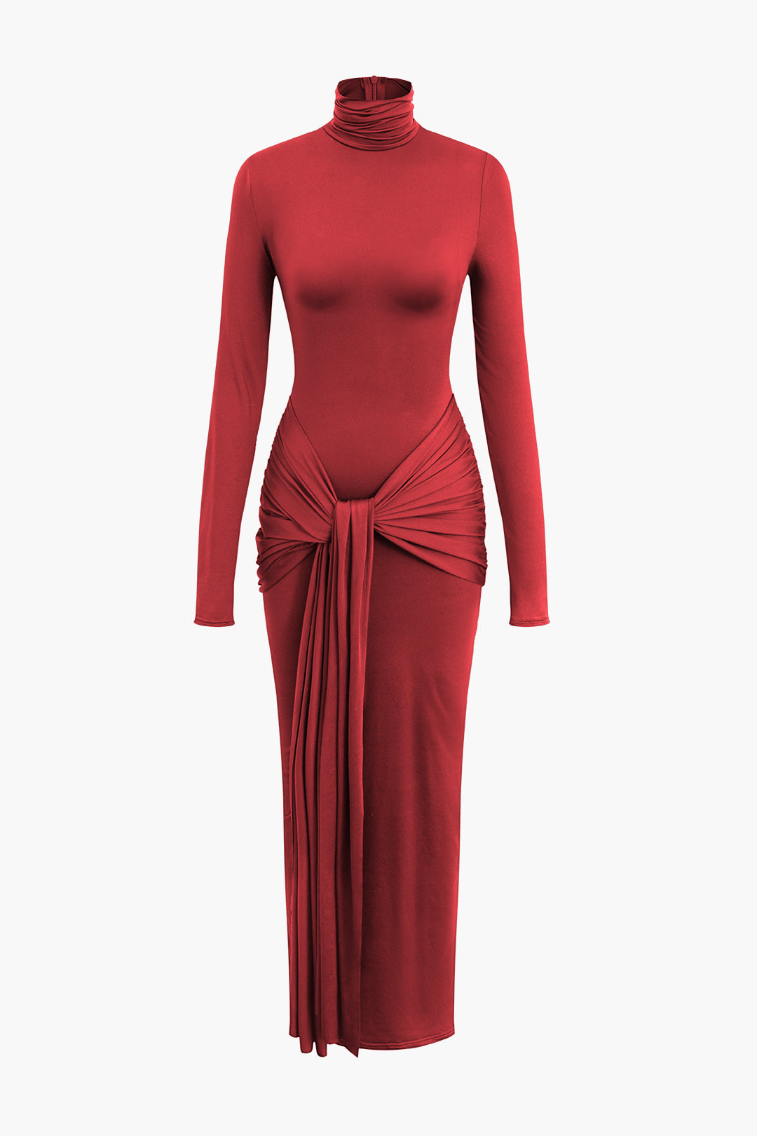 Wrap Ruched High Neck Long Sleeve Maxi Dress