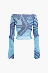 Starfish Print Boat Neck Bell Sleeve Mesh Crop Top