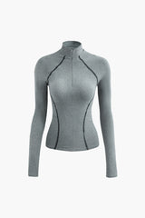 Zipper Mock Neck Stitch Detail Long Sleeve Top