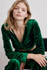 V-neck Twist Front Velvet Long Sleeve Top