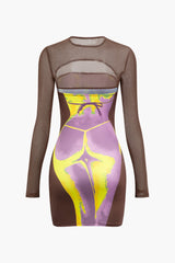 Body Print Round Neck Cut Out Long Sleeve Mini Dress