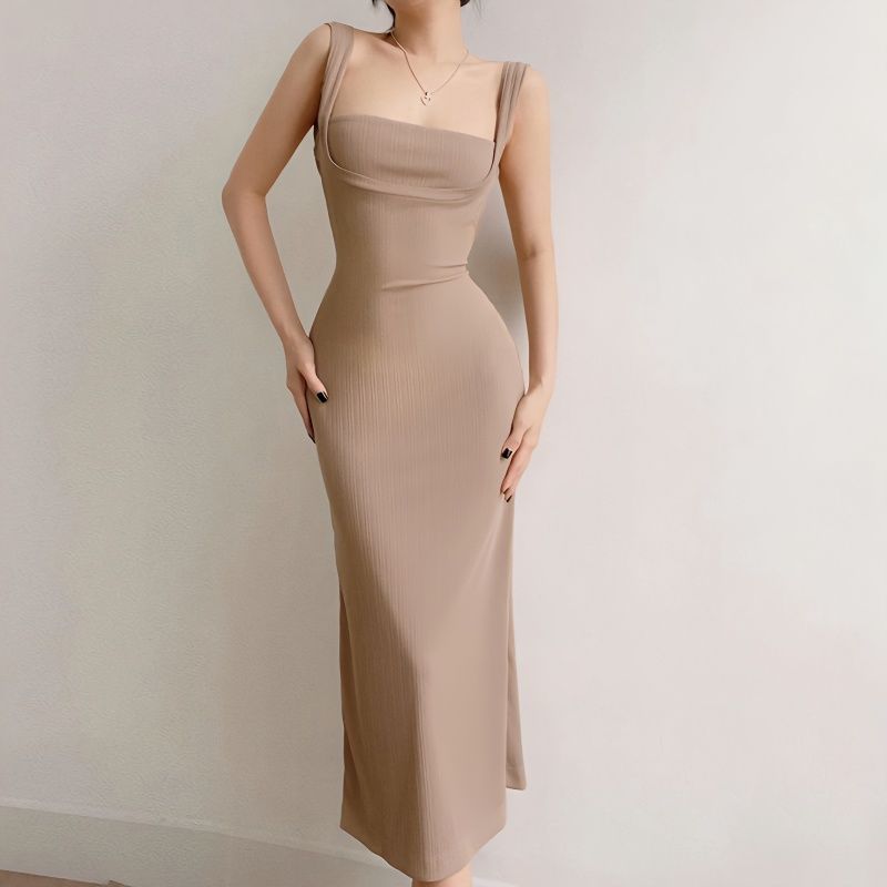 Dark Beige Square Neck Back Strap Midi Dress