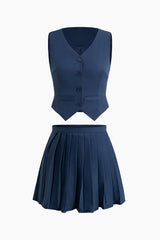 V-neck Vest And Pleated Mini Skirt Set