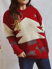 Christmas Tree Jacquard Knit Round Neck Loose Sweater