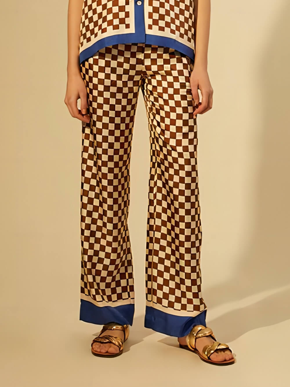 Checkerboard Blue Stripe Unique Print Splicing Loose Elastic Pants